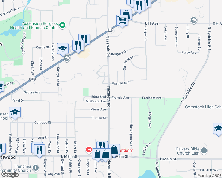 map of restaurants, bars, coffee shops, grocery stores, and more near 1934 Nazareth Road in Kalamazoo