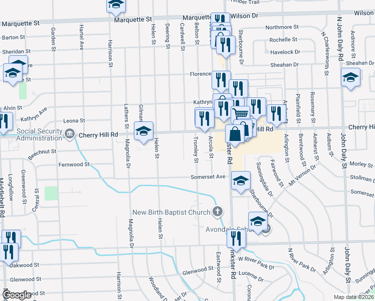 map of restaurants, bars, coffee shops, grocery stores, and more near 201 Cardwell Street in Inkster