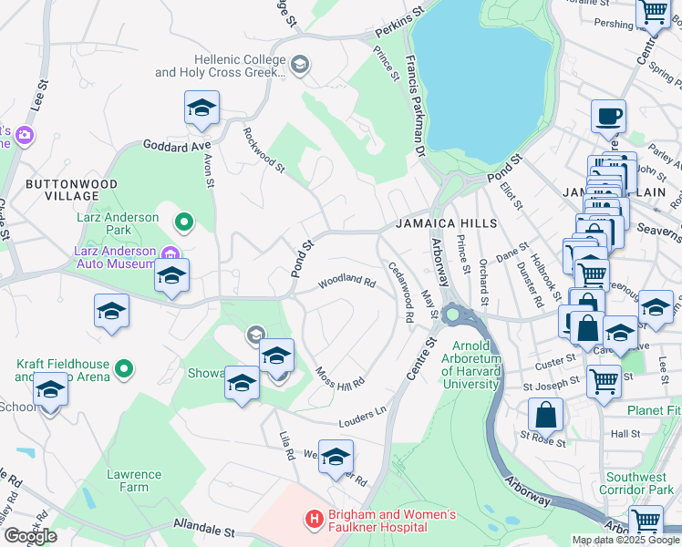 map of restaurants, bars, coffee shops, grocery stores, and more near 40 Woodland Road in Boston