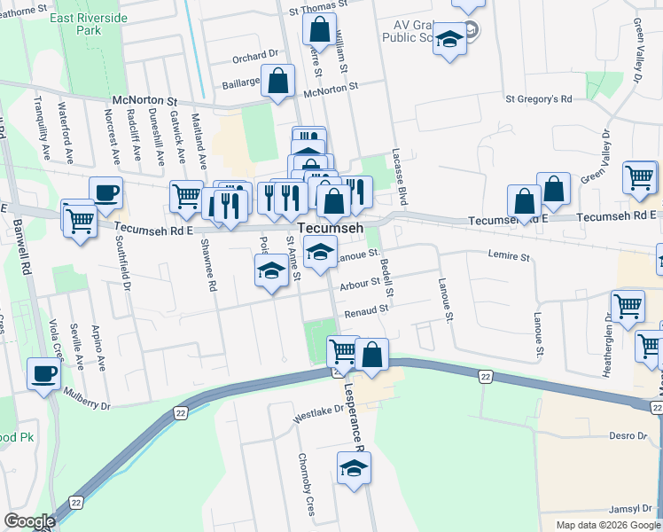 map of restaurants, bars, coffee shops, grocery stores, and more near 1300 Lesperance Road in Windsor