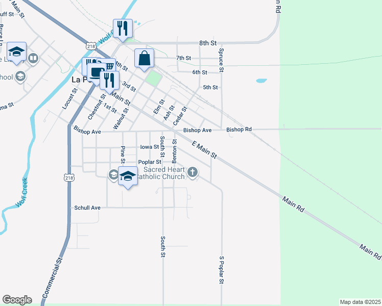 map of restaurants, bars, coffee shops, grocery stores, and more near 1014 Iowa Street in La Porte City