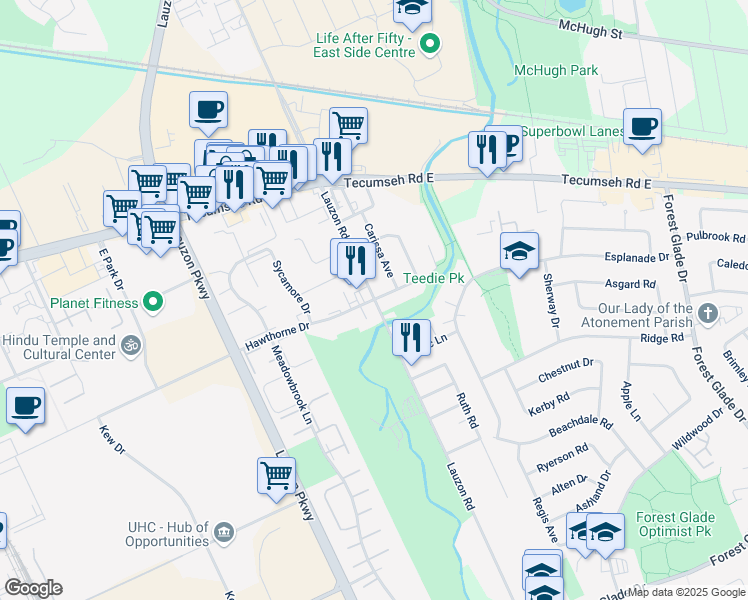 map of restaurants, bars, coffee shops, grocery stores, and more near 7842 Hawthorne Drive in Windsor