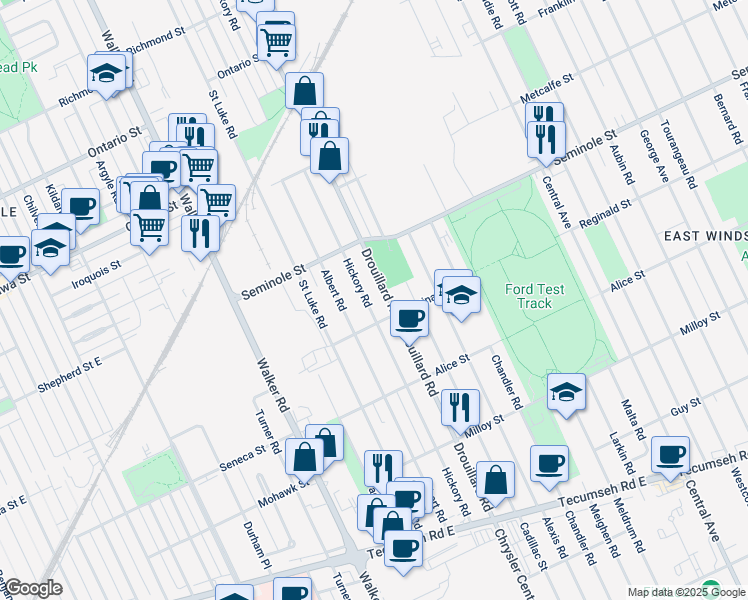 map of restaurants, bars, coffee shops, grocery stores, and more near 1574 Hickory Road in Windsor