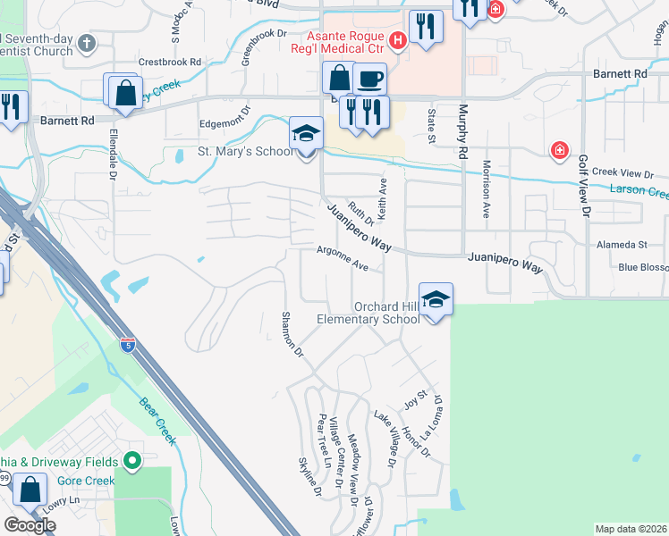 map of restaurants, bars, coffee shops, grocery stores, and more near 1021 Tamara Circle in Medford