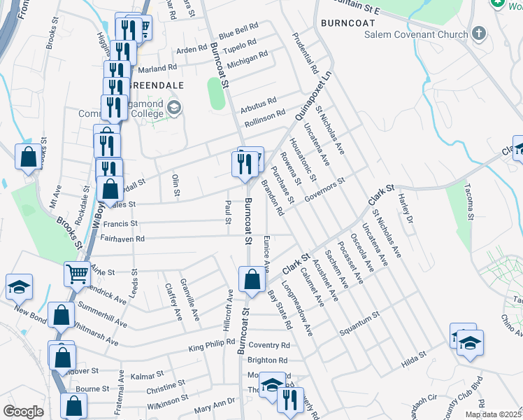map of restaurants, bars, coffee shops, grocery stores, and more near 73 Eunice Avenue in Worcester