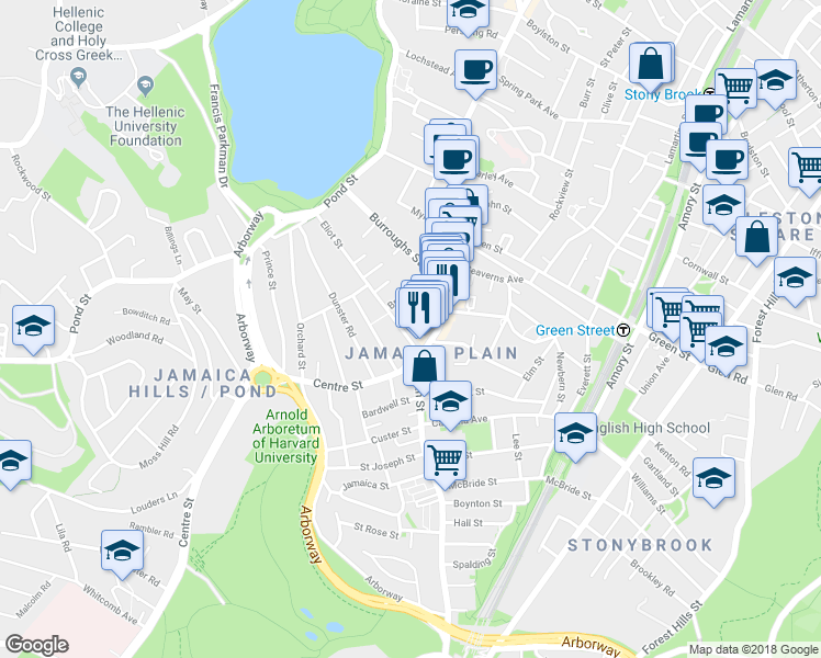 map of restaurants, bars, coffee shops, grocery stores, and more near 7A Eliot Street in Boston
