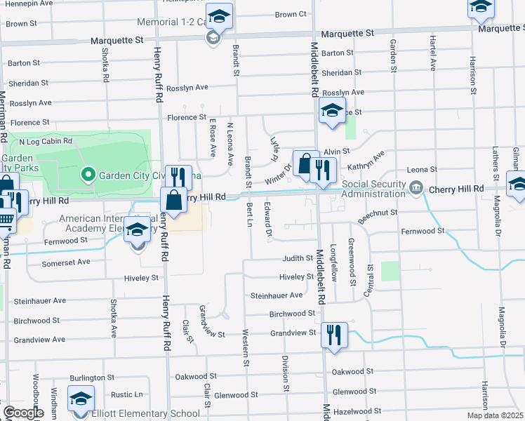 map of restaurants, bars, coffee shops, grocery stores, and more near 29635 Edward Dr in Inkster