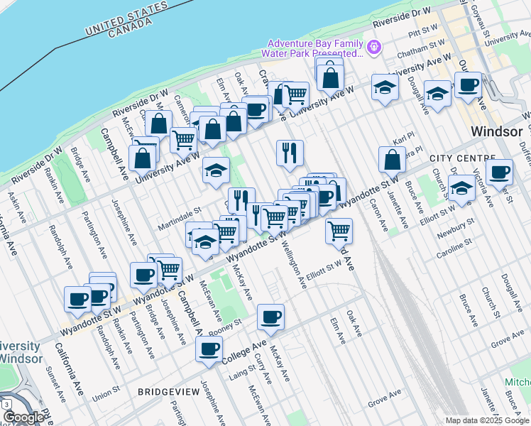 map of restaurants, bars, coffee shops, grocery stores, and more near 527 Wellington Avenue in Windsor