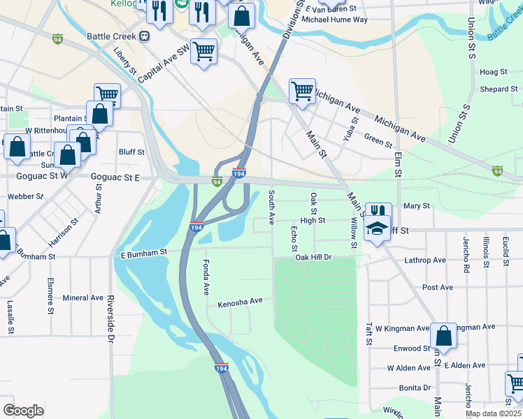 map of restaurants, bars, coffee shops, grocery stores, and more near 188 South Avenue in Battle Creek
