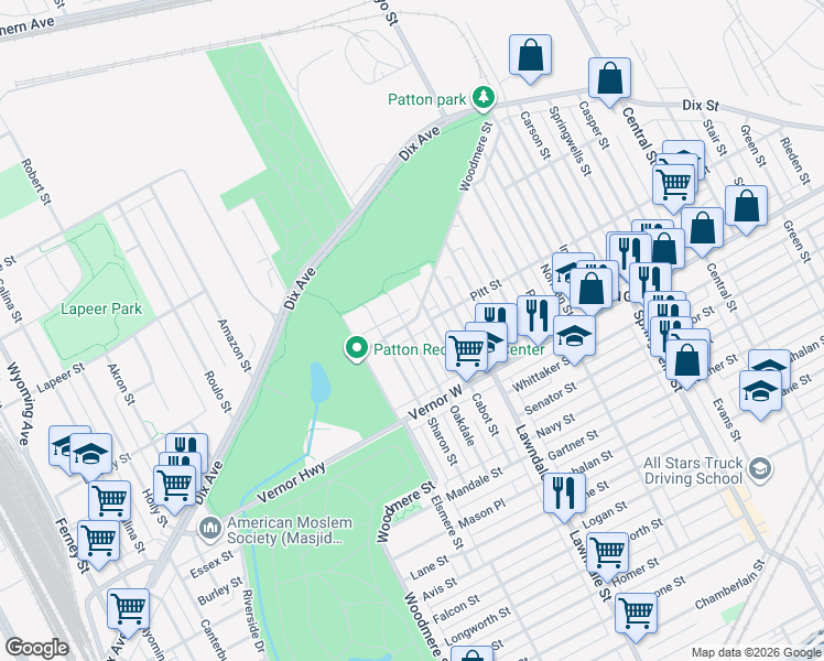 map of restaurants, bars, coffee shops, grocery stores, and more near 2462 Woodmere Street in Detroit
