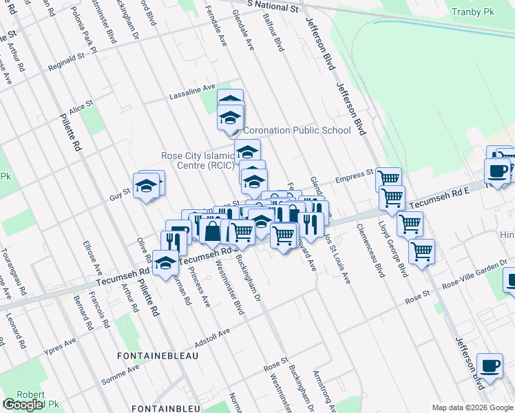 map of restaurants, bars, coffee shops, grocery stores, and more near 5407 Empress Street in Windsor