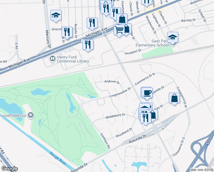 map of restaurants, bars, coffee shops, grocery stores, and more near 15805 Boone Lane in Dearborn