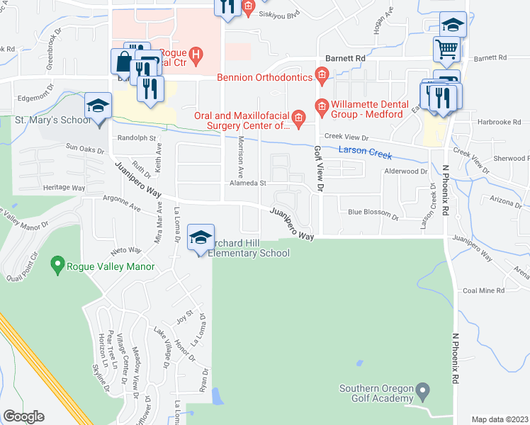 map of restaurants, bars, coffee shops, grocery stores, and more near 3100 Juanipero Way in Medford