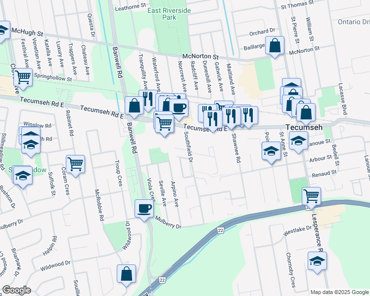 map of restaurants, bars, coffee shops, grocery stores, and more near 11846 Dove Lane in Windsor