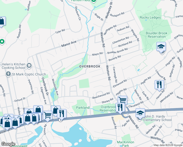 map of restaurants, bars, coffee shops, grocery stores, and more near 20 Durant Road in Wellesley