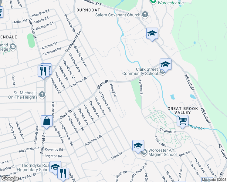 map of restaurants, bars, coffee shops, grocery stores, and more near 54 Harley Drive in Worcester