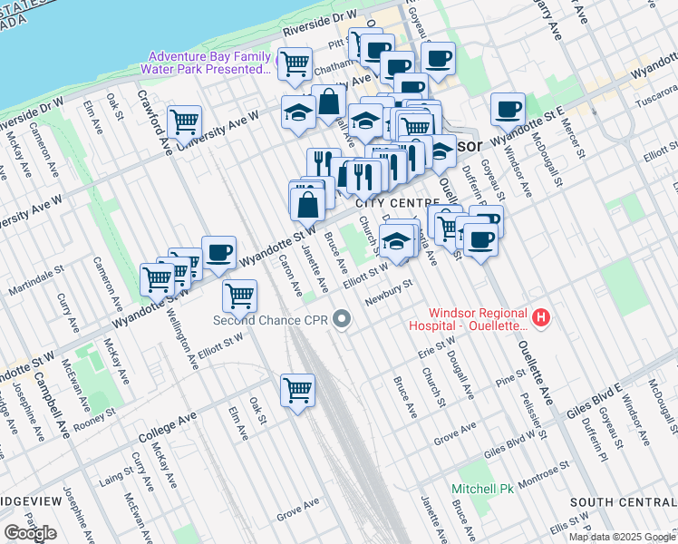 map of restaurants, bars, coffee shops, grocery stores, and more near 753 Bruce Avenue in Windsor