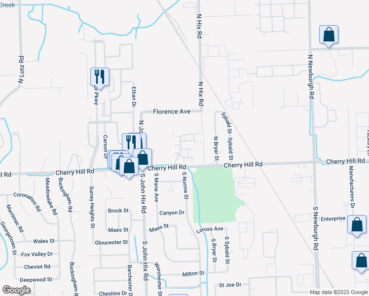 map of restaurants, bars, coffee shops, grocery stores, and more near 332 Marigold Circle in Westland