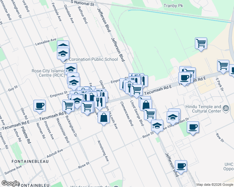 map of restaurants, bars, coffee shops, grocery stores, and more near 2075 Balfour Boulevard in Windsor