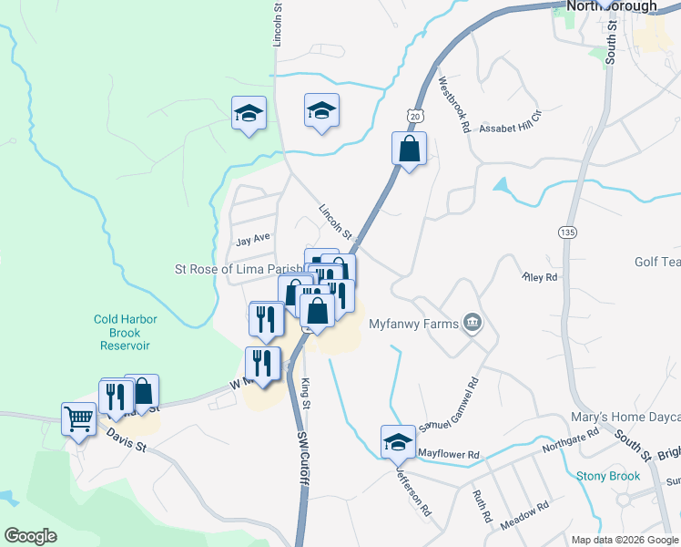 map of restaurants, bars, coffee shops, grocery stores, and more near 242 West Main Street in Northborough