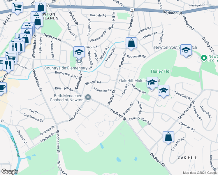 map of restaurants, bars, coffee shops, grocery stores, and more near 15 Marcellus Drive in Newton