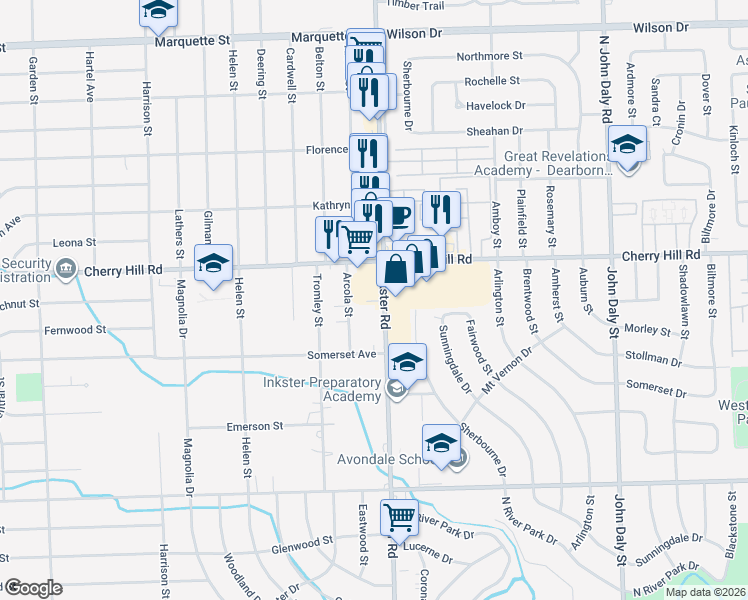 map of restaurants, bars, coffee shops, grocery stores, and more near 228 Inkster Road in Inkster