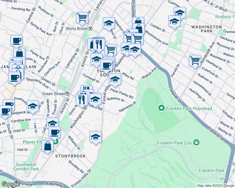 map of restaurants, bars, coffee shops, grocery stores, and more near 53 Peter Parley Road in Boston