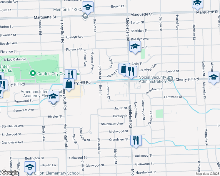 map of restaurants, bars, coffee shops, grocery stores, and more near 29635 Edward Drive in Inkster