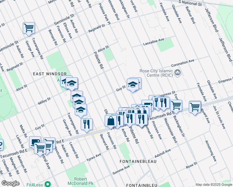 map of restaurants, bars, coffee shops, grocery stores, and more near 1908 Pillette Road in Windsor