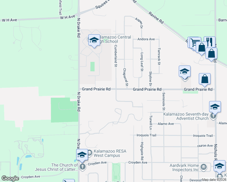 map of restaurants, bars, coffee shops, grocery stores, and more near 1852 Cumberland Street in Kalamazoo