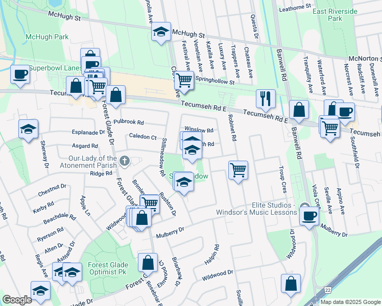 map of restaurants, bars, coffee shops, grocery stores, and more near 10690 Eastcourt Drive in Windsor