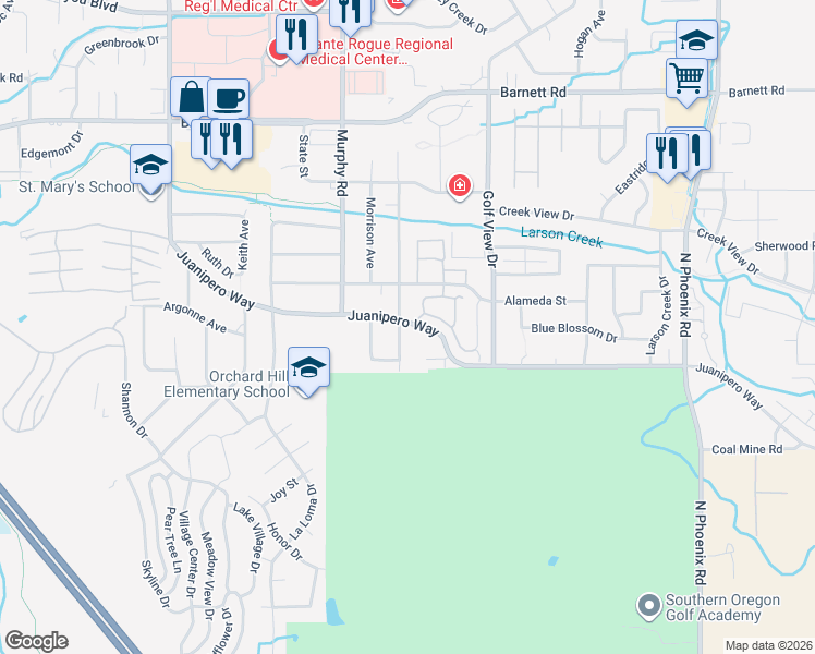 map of restaurants, bars, coffee shops, grocery stores, and more near 3100 Juanipero Way in Medford