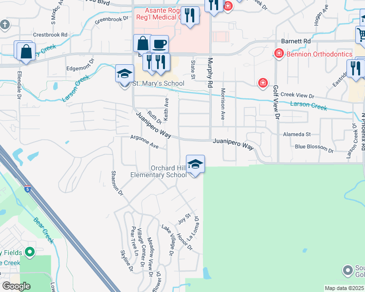 map of restaurants, bars, coffee shops, grocery stores, and more near 922 La Loma Drive in Medford