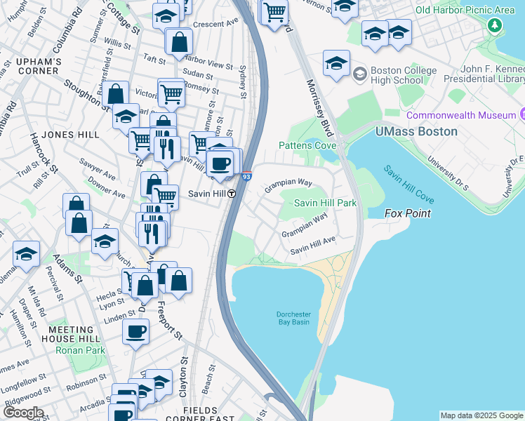 map of restaurants, bars, coffee shops, grocery stores, and more near 144 Savin Hill Avenue in Boston