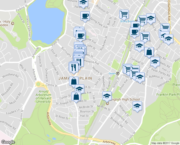 map of restaurants, bars, coffee shops, grocery stores, and more near 16 Roanoke Avenue in Boston