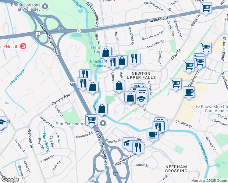 map of restaurants, bars, coffee shops, grocery stores, and more near in Newton