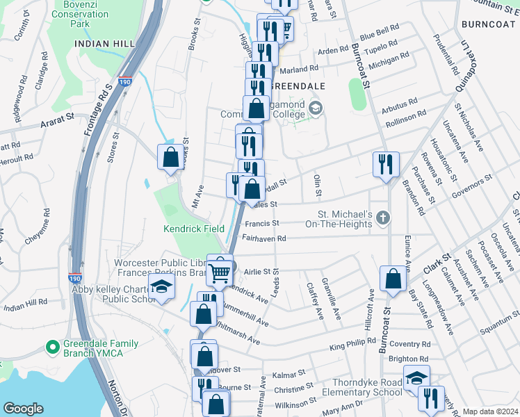 map of restaurants, bars, coffee shops, grocery stores, and more near 540 West Boylston Street in Worcester