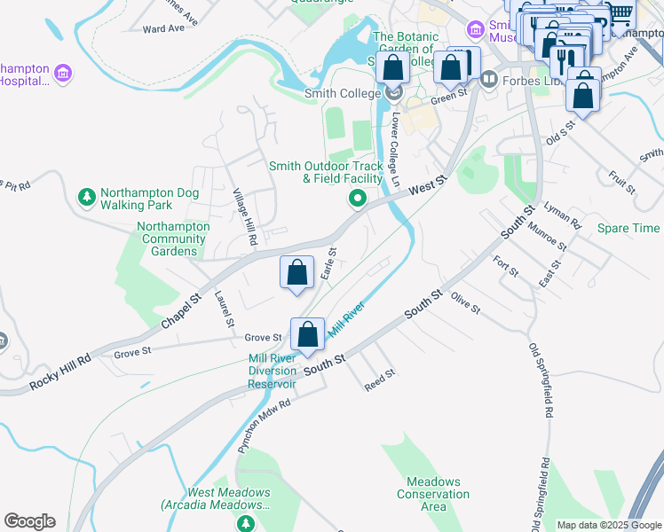 map of restaurants, bars, coffee shops, grocery stores, and more near 180 Earle Street in Northampton