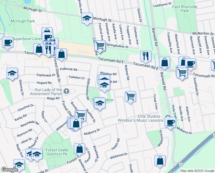 map of restaurants, bars, coffee shops, grocery stores, and more near 10690 Eastcourt Drive in Windsor