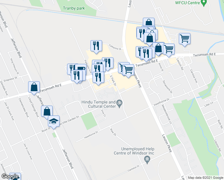 map of restaurants, bars, coffee shops, grocery stores, and more near 6838 Charlie Brooks Court in Windsor