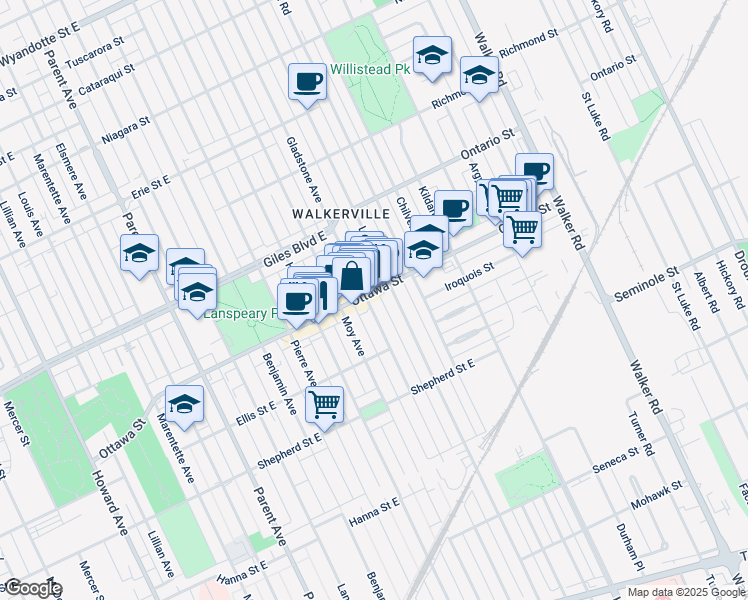 map of restaurants, bars, coffee shops, grocery stores, and more near in Windsor