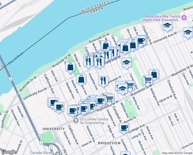 map of restaurants, bars, coffee shops, grocery stores, and more near in Windsor