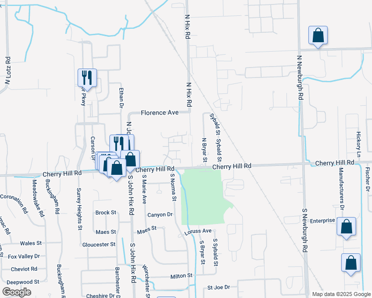 map of restaurants, bars, coffee shops, grocery stores, and more near 38410 Cherry Hill Road in Westland
