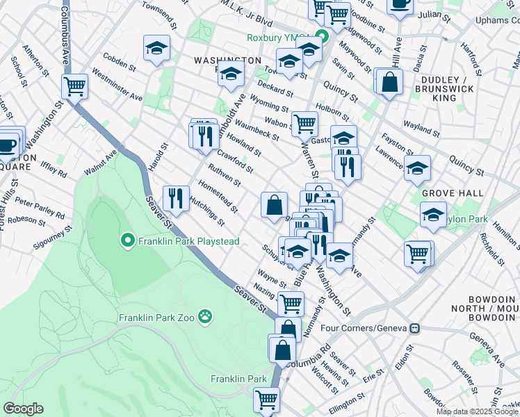 map of restaurants, bars, coffee shops, grocery stores, and more near 68 Elm Hill Avenue in Boston