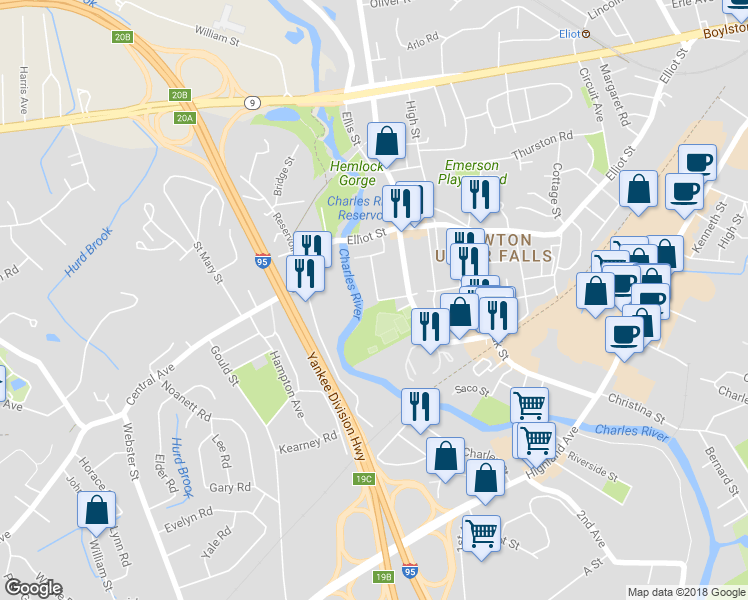 map of restaurants, bars, coffee shops, grocery stores, and more near 41 Keefe Avenue in Newton