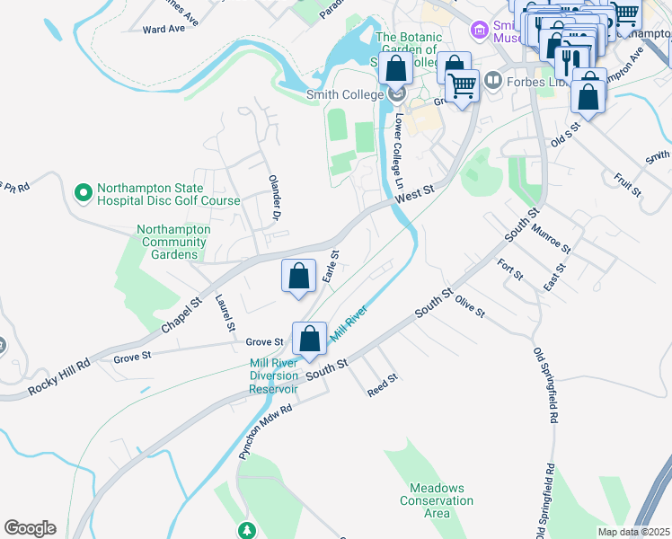 map of restaurants, bars, coffee shops, grocery stores, and more near 180 Earle Street in Northampton