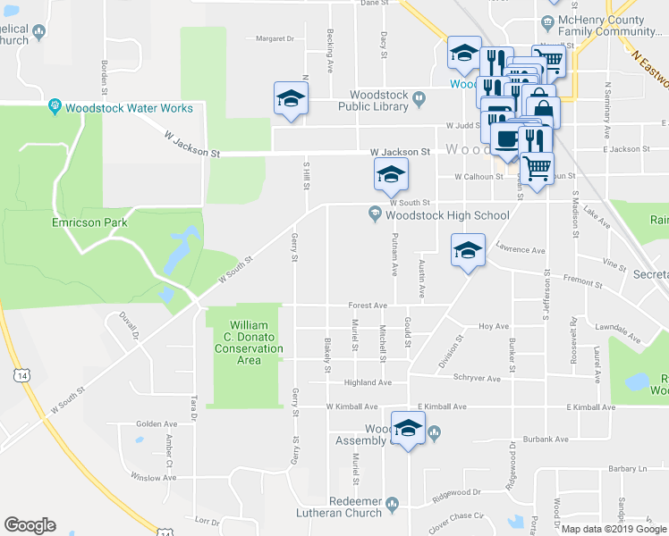 map of restaurants, bars, coffee shops, grocery stores, and more near 615 Blakely Street in Woodstock