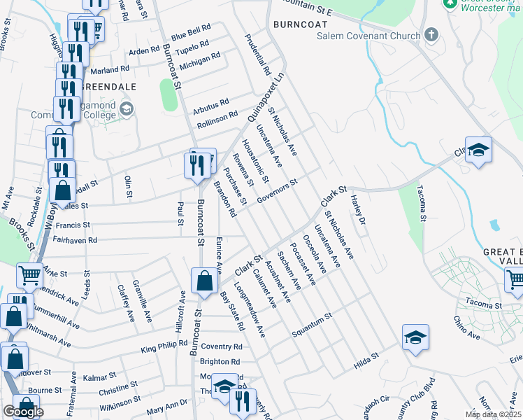 map of restaurants, bars, coffee shops, grocery stores, and more near 25 Rowena Street in Worcester