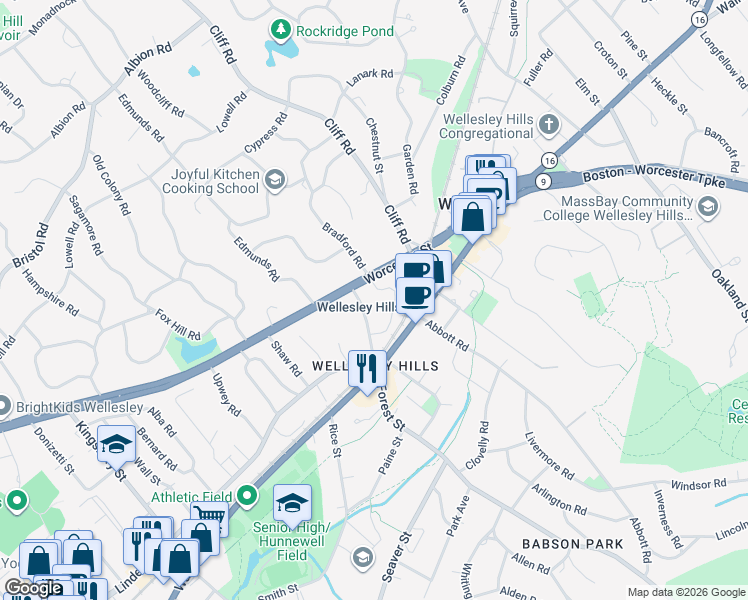 map of restaurants, bars, coffee shops, grocery stores, and more near 40 Kimlo Road in Wellesley