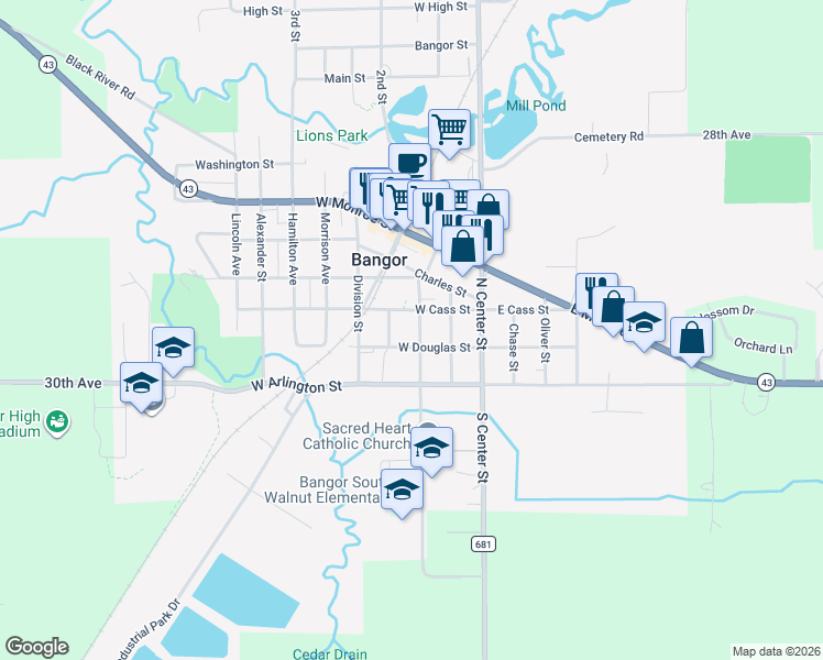map of restaurants, bars, coffee shops, grocery stores, and more near 114 North Walnut Street in Bangor